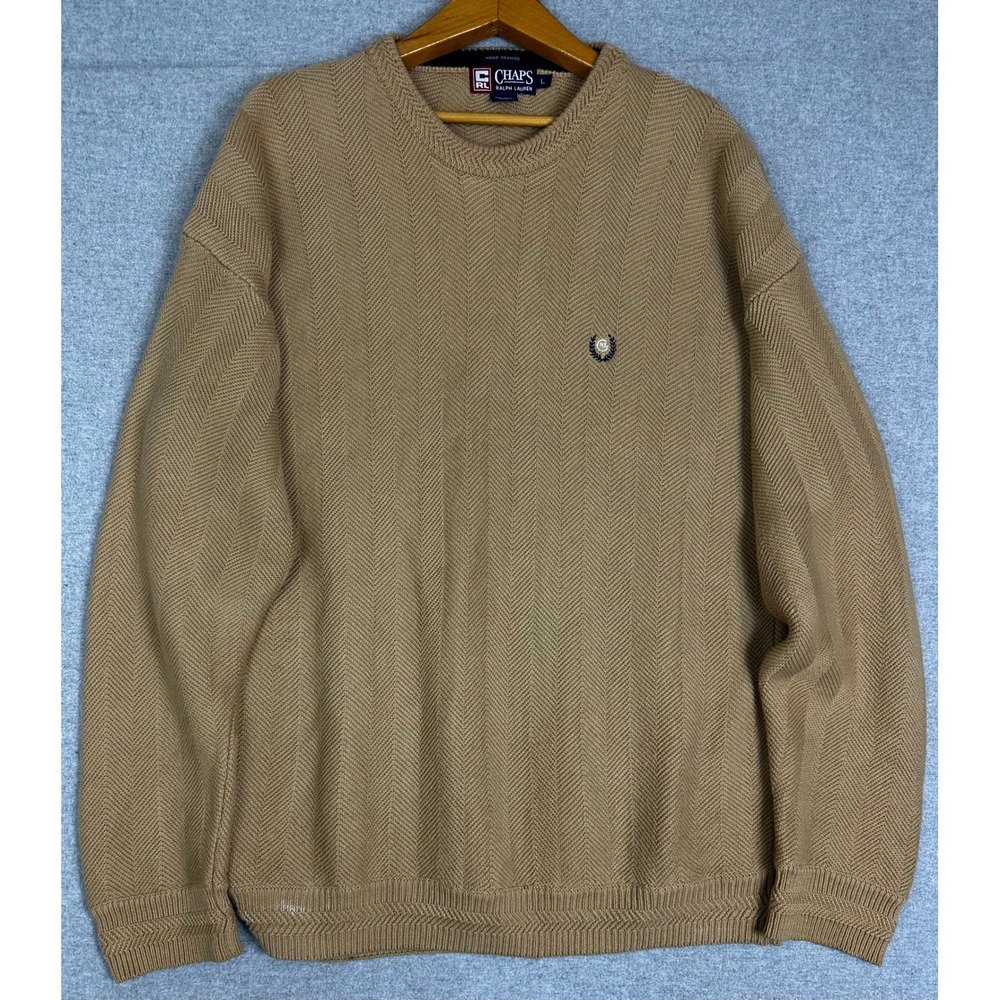 Vintage Chaps Ralph Lauren Sweater Mens L Tan Herringbone Cotton Crewneck